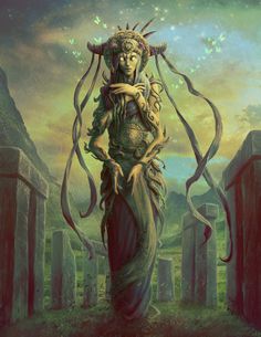 a painting of a woman with long hair and horns standing in front of a cemetery