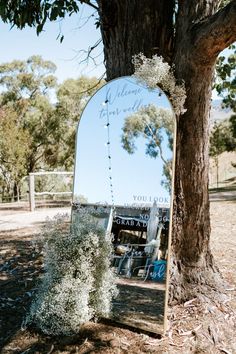 a large mirror sitting next to a tree