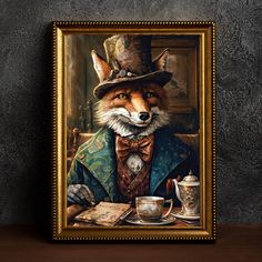 a painting of a fox wearing a top hat and holding a tea cup in front of it