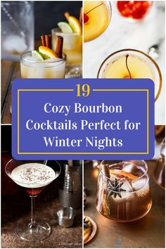 Collage of 4 winter bourbon cocktails. Winter Bourbon Drinks, Winter Bourbon Cocktails, Bourbon Cocktail Winter, Burbon Drinks, Jack Frost Drink, Winter Party Drinks, Mixology Cocktails, Rosemary Cocktail, Bourbon Cocktail Recipe