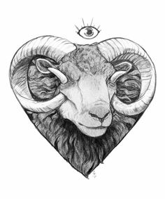 a drawing of a ram's head in the shape of a heart with an eye