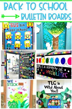 back to school bulletin boards with the words back to school written in different colors and designs