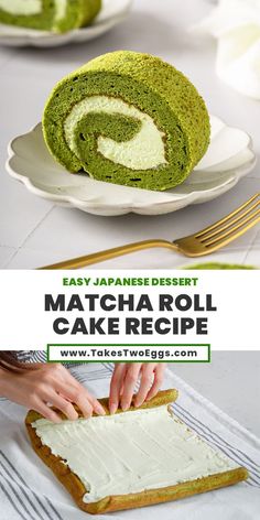 a green roll cake with white frosting being cut in half and served on a plate