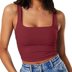 Square Neck Double Layer Workout Fitness Casual Basic Crop Tops Low Back Bra, Basic Crop Tops, Basic Crop Top, Red Tank Top, Backless Bra, Red Tank, Red Tank Tops, Sleeveless Tee, Cropped Tops