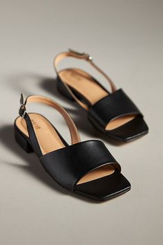 Leather upper, insole Rubber sole Buckle styling Imported | Asymmetrical Slingback Heels by Maeve in Black, Women's, Size: 37, Leather/Rubber at Anthropologie Business Casual Shoes Women Summer, Black Leather Sandals Women, Work Shoe, Shoes Leather, Outfits Women Casual, Woman Sandals, Summer Shoe, Going Out Shoes, Business Casual Shoes Women