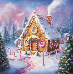 a painting of a gingerbread house with candy canes in the foreground and snow on the ground