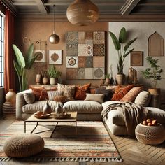 a living room filled with lots of furniture and plants on top of the couches