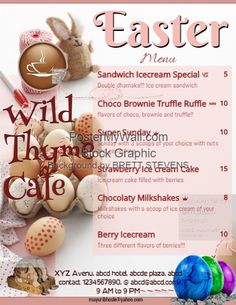 an easter menu with eggs and bunny on it