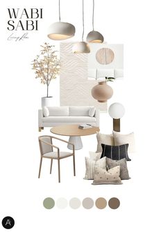 a living room filled with white furniture and lamps hanging from the ceiling next to a coffee table