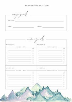 the printable wedding checklist is shown with mountains in blue and pink colors on it