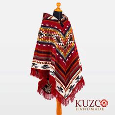 Triangular native hooded alpaca wool poncho. Ideal for both men and women. Inspired by geometric designs from the Andes of Ecuador. Alpaca ponchos are wonderfully warm and soft, perfect for wearing indoors or outdoors, whether on a chilly night or a fresh spring day. With this poncho, you'll experience the freedom of movement. Ecuadorian artisans craft these ponchos with ancestral techniques and unique designs. Gift an alpaca poncho and surprise your loved ones with this special gift. PRODUCT DE Folk Style Red Poncho For Winter, Red Folk Style Poncho For Fall, Red Bohemian Hooded Poncho, Red Hooded Bohemian Poncho, Poncho For Women, Poncho With Hood, Alpaca Poncho, Red Triangle, Wool Poncho