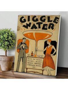 an old poster is on the wall next to a potted plant and a vase