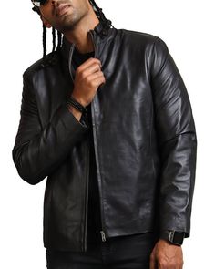 Men's Biker Black Leather Jacket Introducing a must-have piece from the AlexGear designer collection: the men's classic black jacket. A timeless piece of outerwear that fulfills all your fashion needs, this jacket is bound to become one of your most cherished possessions in your wardrobe. Featuring a simple design, it exudes sophisticated allure while offering ease of styling with any attire. Featuring top-notch craftsmanship, this black biker jacket is constructed utilizing premium-quality genu Urban Style Fitted Leather Jacket For Business, Modern Black Leather Jacket With Long Sleeves, Masculine Fitted Black Leather Jacket, Modern Black Biker Jacket For Formal Occasions, Fitted Masculine Black Outerwear, Black Fitted Masculine Outerwear, Black Fitted Outerwear, Fitted Black Masculine Outerwear, Classic Black Formal Biker Jacket