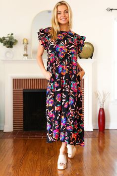 Just A Dream Black Floral Print Smocked Ruffle Sleeve Maxi Dress Just A Dream, Kids Activewear, Black Floral Print, Sleeve Maxi Dress, Flutter Sleeves