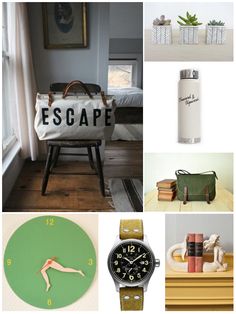 a collage of various items including a bag, clock and other things in the room