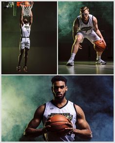 three different shots of a man holding a basketball