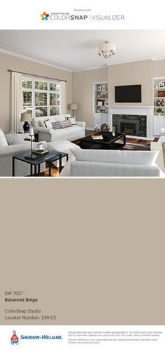 a living room with red walls and white furniture in the center is an open fireplace