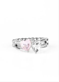 "Always Adored" Pink Ring: Chiseled into a charming heart shape, a glowing pink cat's eye stone is pressed into the center of two silver heart frames radiating with glassy white rhinestones, creating a romantic centerpiece atop the finger. Features a stretchy band for a flexible fit. Sold as one individual ring. Paparazzi Rings, Romantic Centerpieces, Silver Bands, Dainty Band, Cats Eye Stone, Heart Frame, Paparazzi Accessories, White Rhinestone, Pink Cat