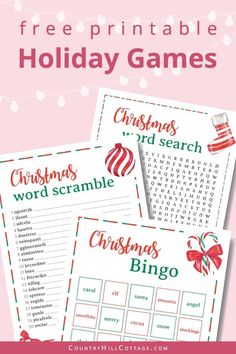 two christmas word scrambles with the text free printable holiday games on top and below