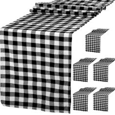 black and white checkered tablecloths with matching napkins on each side, set against a white background