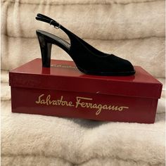 Gorgeous Ferragamo Heels. These Are Worn Once And In Box. Beautiful Ferragamo Peep-Toes With Strap In Black Suede Calf With Patent Leather Accents And Heels. Size 9c. We Are Cleaning Out The Closets All Of Our Never Used Designer Items. Items From Professional Couple In A Non Smoking Non Pet Home. Any Questions Please Feel Free To Message Us. Thanks !!! Fitted Black Slingback Pumps With Removable Insole, Classic Open Heel Heels For Galas, Black Slingback Pumps With Branded Insole, Fitted Leather Sole Slingback Pumps For Evening, Formal Black Suede Sandals, Classic Black Slingback Pumps With Open Heel, Black Almond Toe Slingback Pumps With Leather Sole, Elegant Closed Toe Sandals With Suede Lining, Elegant Heels With Suede Lining