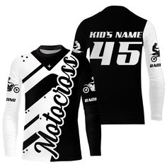 a black and white long sleeved shirt with the number 46 on it