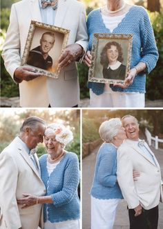 an older couple is holding up pictures of their grandparents and grandmothers in front of them