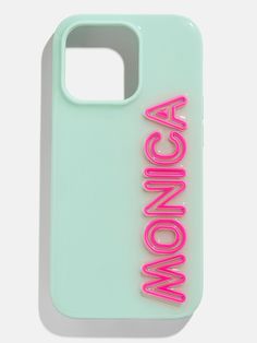 an iphone case with the word wow on it in neon pink and green, against a white background