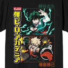 Celebrate your favorite anime series in style with this My Hero Academia crop t-shirt. The shirt features an image of Deku and Bakugo using their powers while yellow kanji letters next to the characters spell out the series logo. The tee comes in a black short sleeve crop top. Fans of the My Hero Academia characters will love this comfy crop tee. Black Anime Print Tops For Fan Gatherings, Black Anime Character Print T-shirt, Black Anime Print Fandom T-shirt, Black Anime Print Top For Fan Events, Black Anime Print Tops, Black T-shirt With Anime Print For Fan Events, Anime Print Fandom Tops For Fan Events, Anime Print Tops For Fan Events, Fandom Style Tops With Anime Print For Fan Events