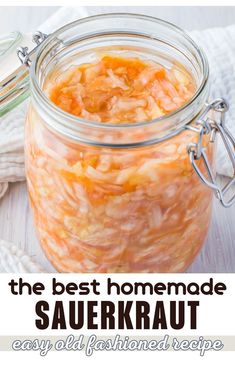 the best homemade sauerkraut recipe in a glass jar with text overlay