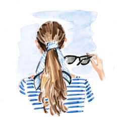 a watercolor painting of a girl with her hair in a pony tail and sunglasses