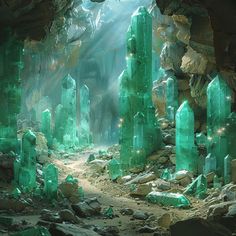 a cave filled with lots of green rocks and large columns in the middle of it