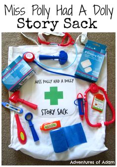 Miss Polly Had A Dolly who was sick, sick sick. Create a Miss Polly Had A Dolly Story Sack for your little ones to act out the nursery rhyme. Adventures of Adam Miss Polly Had A Dolly Activities, Miss Polly Had A Dolly, Story Sacks, Nursery Rhyme Theme, Nursery Rhymes Activities, Story Sack, People Who Help Us, Rhyming Activities