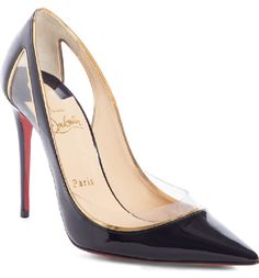 Christian Louboutin  Black Cosmo 554 85 Patent Leather Heels  Size 39 EU N1540 Details & Care When your classic black shoes need an upgrade, look to Christian Louboutin's Cosmo 554 heels. A lesson in kinetic art, they supply a steady flow of bold lines with topstitching and gold specchio piping that loops around a cheeky trompe l'oeil cutout of clear PVC. Built on the Decollete 554, this pointed toe style dares to push its vamp even deeper with a little help from more transparent PVC. A sensatio Shoes Fashion Photography, Brian Atwood Heels, Kinetic Art, Brian Atwood, Womens Shoes High Heels, Patent Leather Heels, Fashion Heels, Womens Shoes Wedges, Casual Shoes Women