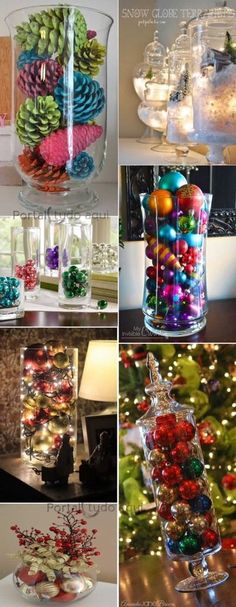 many different pictures of christmas decorations in glass vases