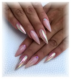 Chrome Stilletos Nails, Pink Short Stiletto Nails, Stiletto Spring Nails, Chrome French Tip Nails Stiletto, Pink Chrome Nails Designs, Pink Chrome Stiletto Nails, Nude Pink Stiletto Nails, Almond Manicure, Nails Styles