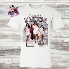 a white t - shirt with an image of three women in pink and purple outfits