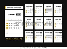 a set of calendars for january and december with yellow lines on black background - stock photo