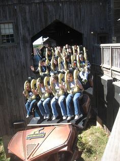 a group of people riding on the back of a roller coaster