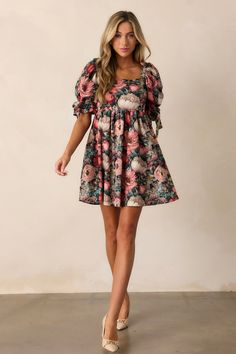 Romantic Lover 100% Cotton Black Floral Mini Dress Romantic Lover, Halter Bridesmaid Dress, Preppy Girls, Rush Dresses, Puff Sleeve Dress, Black Dresses Casual, Little White Dresses, Puffed Sleeves Dress, Floral Mini Dress