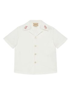 white cotton blend poplin texture semi-sheer construction embroidered motif camp collar front button fastening short sleeves straight hem Rabbit Collection, Dress With Jean Jacket, Baby Boy Accessories, Gucci Kids, Burberry Kids, Dolce And Gabbana Kids, Fresh Summer, Boys Accessories, Stella Mccartney Kids