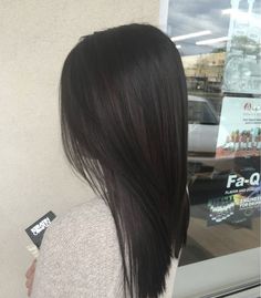 Black Color Haircuts, Black Hair With Dimension Straight, Dark Brown Hair Medium Length Straight, Mid Black Hair, Dark Haircut Ideas, Dark Hair Color Ideas For Brunettes, Express Blowout, Dark Hair With Dimension, Black Medium Length Hair