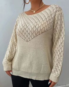 Lasaky - Plus Size Hollow Out Long Sleeve Chunky Knit Sweater Stretch Open Knit Winter Top, Stretch Open Knit Top For Winter, Winter Stretch Open Knit Top, Beige Open Knit Crew Neck Sweater, Stretch Long Sleeve Pointelle Knit Sweater, Long Sleeve Pointelle Knit Top, Stretch Pointelle Knit Long Sleeve Sweater, Pointelle Knit Long Sleeve Top, Non-stretch Knit Sweater