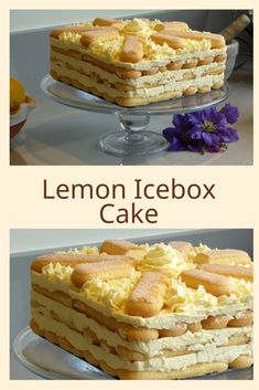 lemon icebox cake on a plate with flowers in the background and text overlay that reads, lemon icebox cake