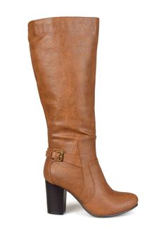 Steal the show this season in heeled boots by Journee Collection. These stylish boots feature tall faux leather shafts that rise mid-calf. Sizing: True to size. Round toe. Inner zip closure. Ankle buckle. Approx. 3" heel height. Approx. 16" shaft height, 15.25" opening circumference. Imported Fall Faux Leather Knee-high Boots, Fall Faux Leather Tall Knee-high Boots, Wide Calf High Heel Knee-high Boots In Faux Leather, Wide Calf High Heel Faux Leather Boots, Wide Calf High Heel Knee-high Faux Leather Boots, Fall High Shaft Heeled Boots, Brown High Shaft Heeled Boots For Wide Calves, Faux Leather Knee-high Boots For Fall, Fall Season Knee-high Faux Leather Boots