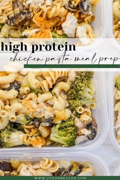 four plastic containers filled with pasta and broccoli, the words high protein on top