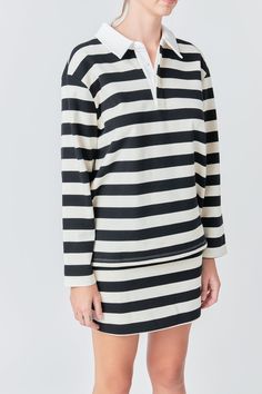 Elevate your everyday look with our Stripe Collar Sweatshirt. Featuring a classic contrast collar and subtle stripe design this top is the perfect combination of style and comfort. The hidden placket with buttons adds a touch of sophistication while the long sleeves keep you warm on cooler days. Whether you're dressing up for a night out or keeping it casual this sweatshirt will quickly become a wardrobe favorite. Shop now and stand out in style. Stripe Contrast Collar Hidden placket with button Knitwear Trends, Collar Sweatshirt, Knit Loungewear, Strapless Bodycon Dress, Denim Sweater, Collared Sweatshirt, Contrast Collar, Tweed Dress, Leather Dresses