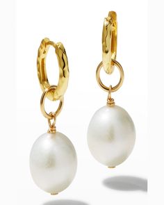 Margo Morrison earrings    Approx. 1.24"L    14karat gold plated sterling silver    Naturally hued freshwater cultured pearls    For pierced ears    Made in USA Yellow Gold Round Baroque Pearl Earrings, Round Yellow Gold Baroque Pearl Earrings, Yellow Gold Baroque Pearl Earrings With Pearl Pendant, Yellow Gold Pearl Huggie Earrings, Yellow Gold Baroque Pearl Pendant Earrings, Yellow Gold Huggie Earrings With Pearl Charm, Yellow Gold Oval Pearl Earrings, Baroque Pearl Charm Earrings In Yellow Gold, Gold Sterling Silver Earrings With Pearl Charm