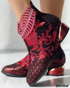 Color: black&red, Size: US8 Low Heel Ankle Boots, Red Boots, Heel Ankle Boots, Fashion Wear, Boots For Sale, Olivia Mark, Black Ankle Boots, Leaf Pattern, Embroidered Flowers