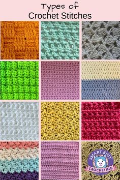 different types of crochet stitches are featured in this image with the text, how to crochet